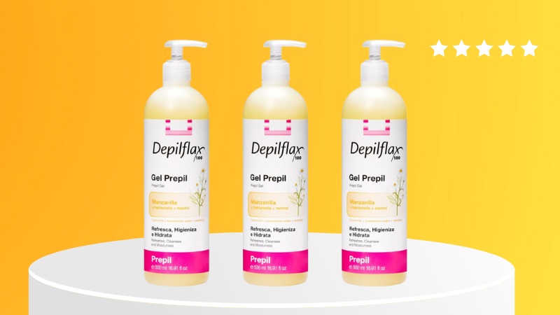  "Depilflax 100 gel před depilací voskem, tři lahve s heřmánkovým výtažkem, připravující pokožku na efektivní depilaci."